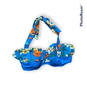 SUPER CUTE Lands End Swim Top Underwire Halter Floral Ruffle Blue Size 8D